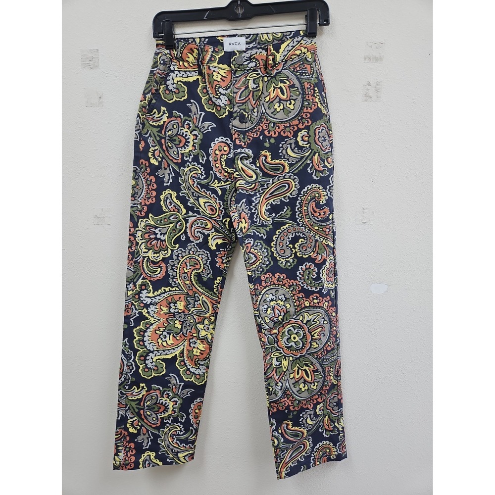 RVCA Navy Blue Multicolored Watercolor Paisley High Rise Straight Fit Pants 26